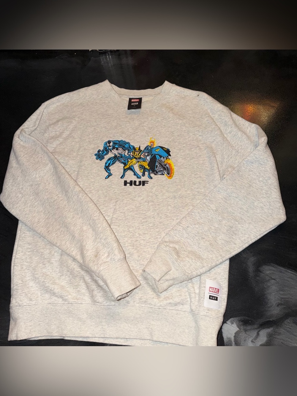 HUF Light Gray Crewneck with Blue & Yellow Marvel Graphic
